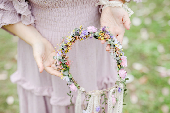 Boho Flower Crown with Veil: Pastel Wildflower Bridal Headpiece – handmade floral hair accessory by magaela