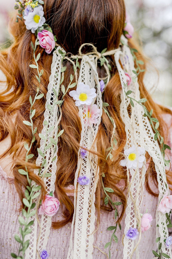 Boho Flower Crown with Veil: Pastel Wildflower Bridal Headpiece – handmade floral hair accessory by magaela