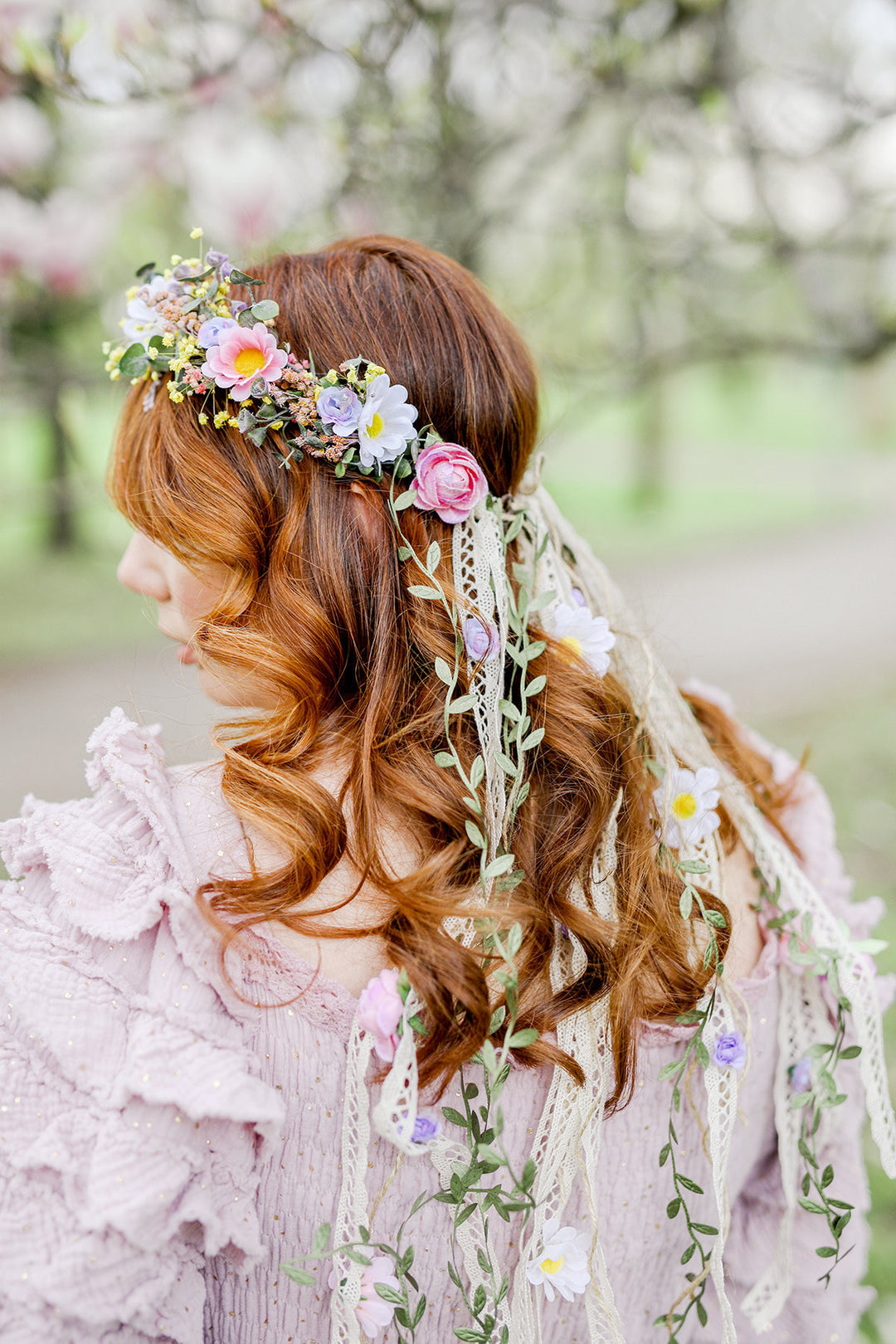 Boho Flower Crown with Veil: Pastel Wildflower Bridal Headpiece – handmade floral hair accessory by magaela