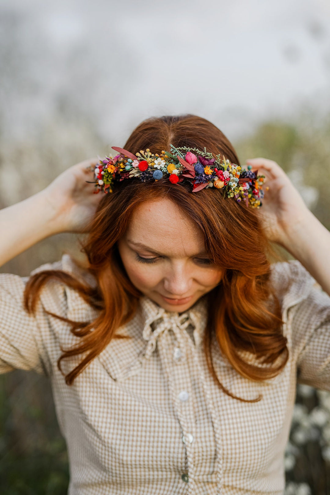 Colorful Preserved Flower Crown: Bridal Meadow Headpiece – handmade floral hair accessory by magaela