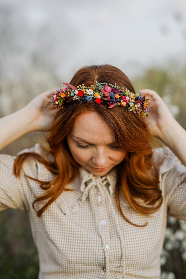 Colorful Preserved Flower Crown: Bridal Meadow Headpiece – handmade floral hair accessory by magaela