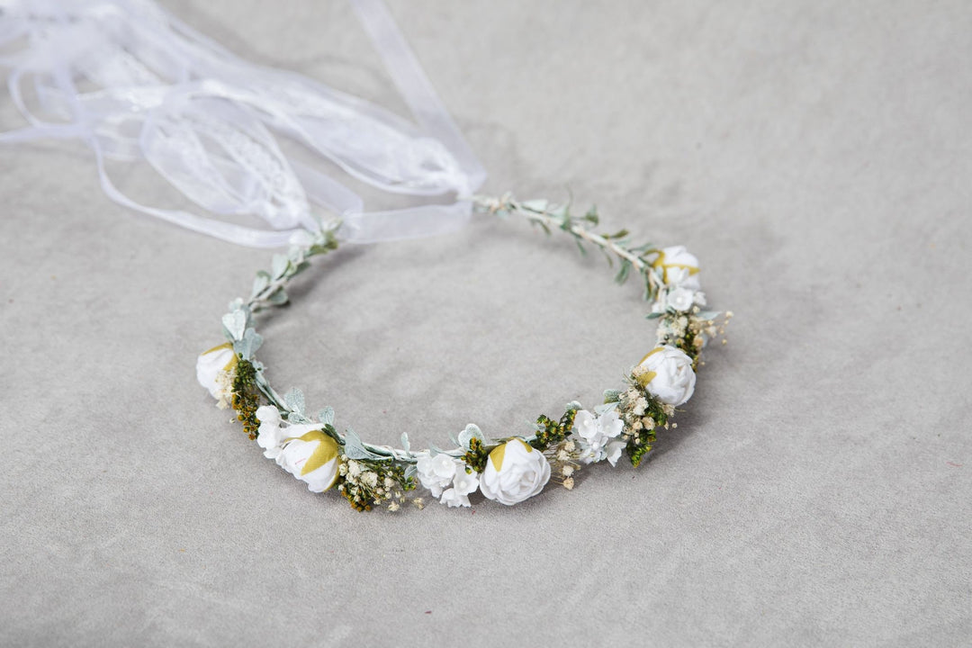 White Flower Girl Headpiece: Holy Communion Hair Wreath with Veil – handmade floral hair accessory by magaela