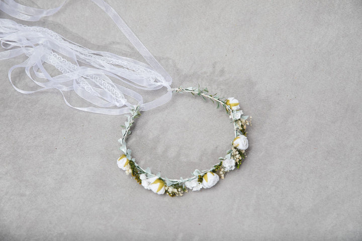 White Flower Girl Headpiece: Holy Communion Hair Wreath with Veil – handmade floral hair accessory by magaela