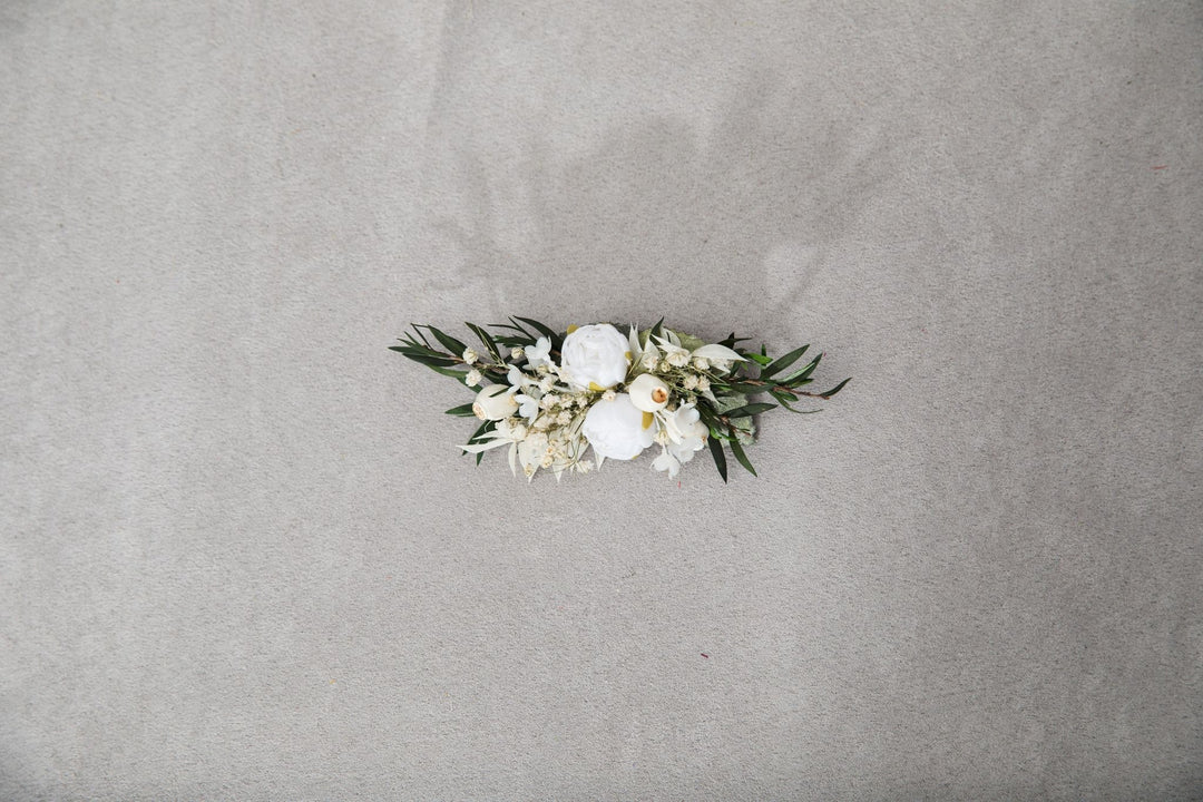 White Peony Flower Hair Clip: First Communion Wedding Headpiece – handmade floral hair accessory by magaela