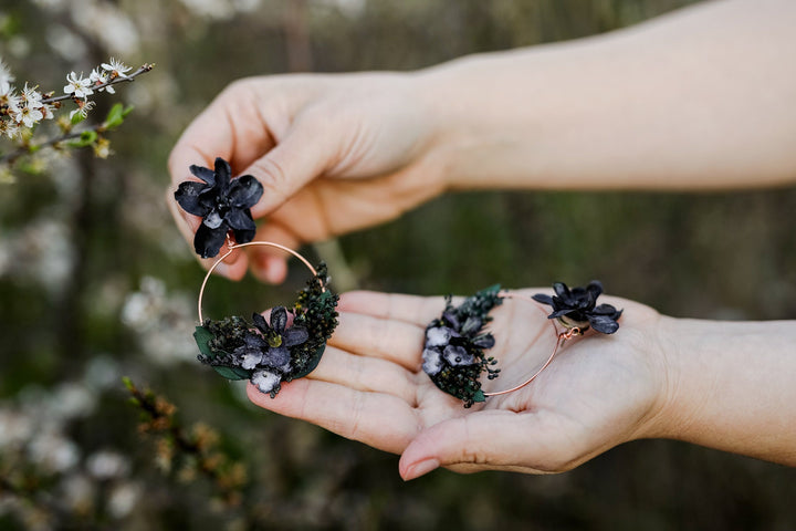 Black Flower Circle Earrings: Rose Gold Hoop Dangle Jewelry – handmade floral hair accessory by magaela