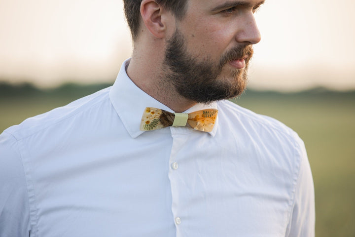 Floral Resin Wooden Bow Tie: Beige & Yellow Wedding Accessory – handmade floral hair accessory by magaela