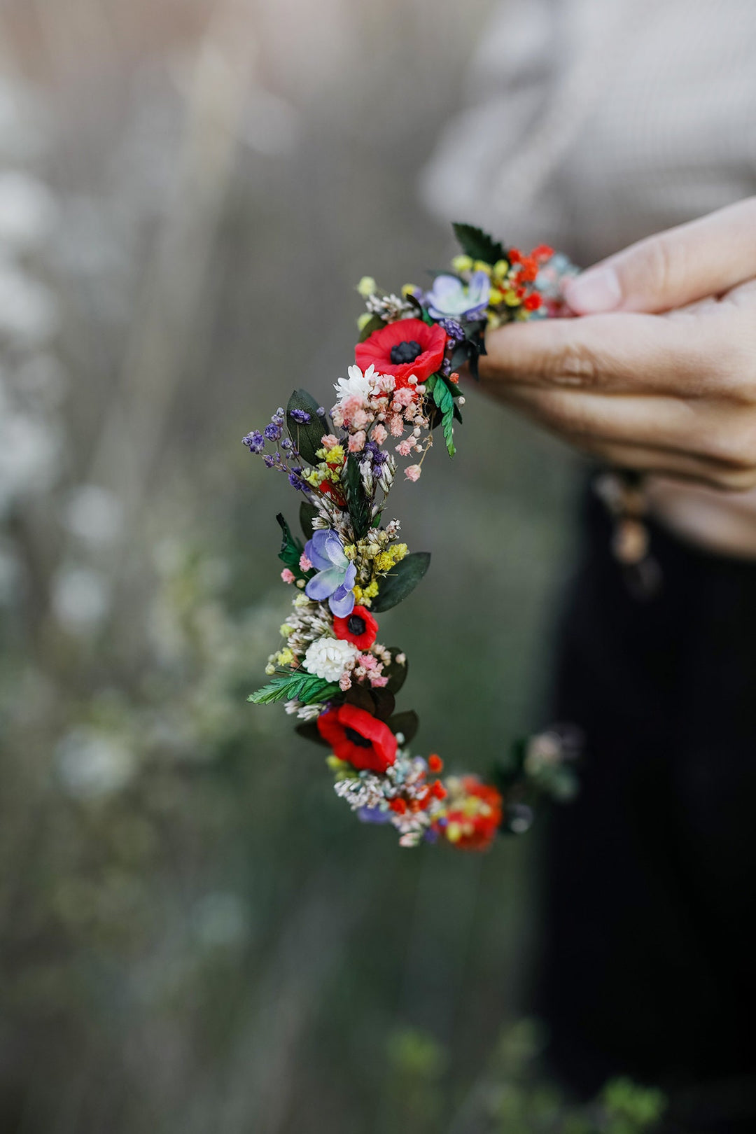 Poppy Flower Wedding Crown: Colorful Meadow Bridal Half Wreath – handmade floral hair accessory by magaela