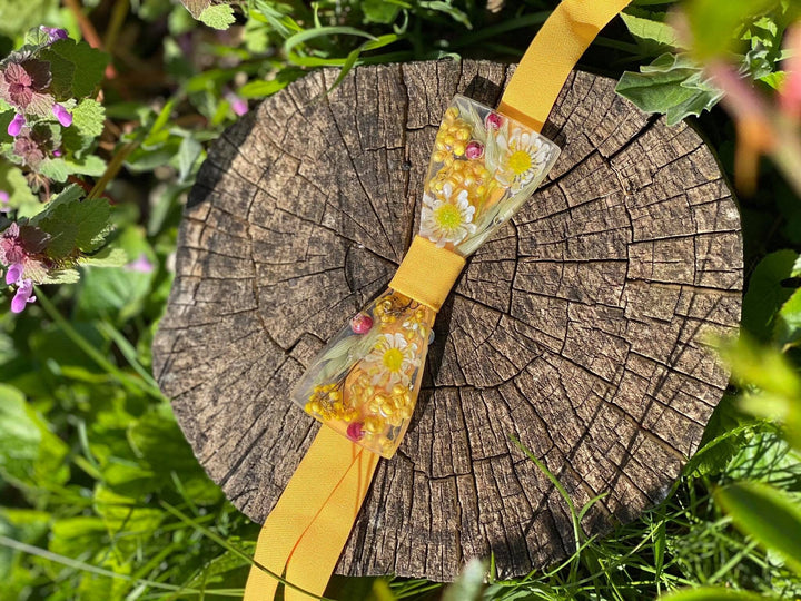 Yellow Resin Bow Tie: Flower Meadow Groom Accessory – handmade floral hair accessory by magaela