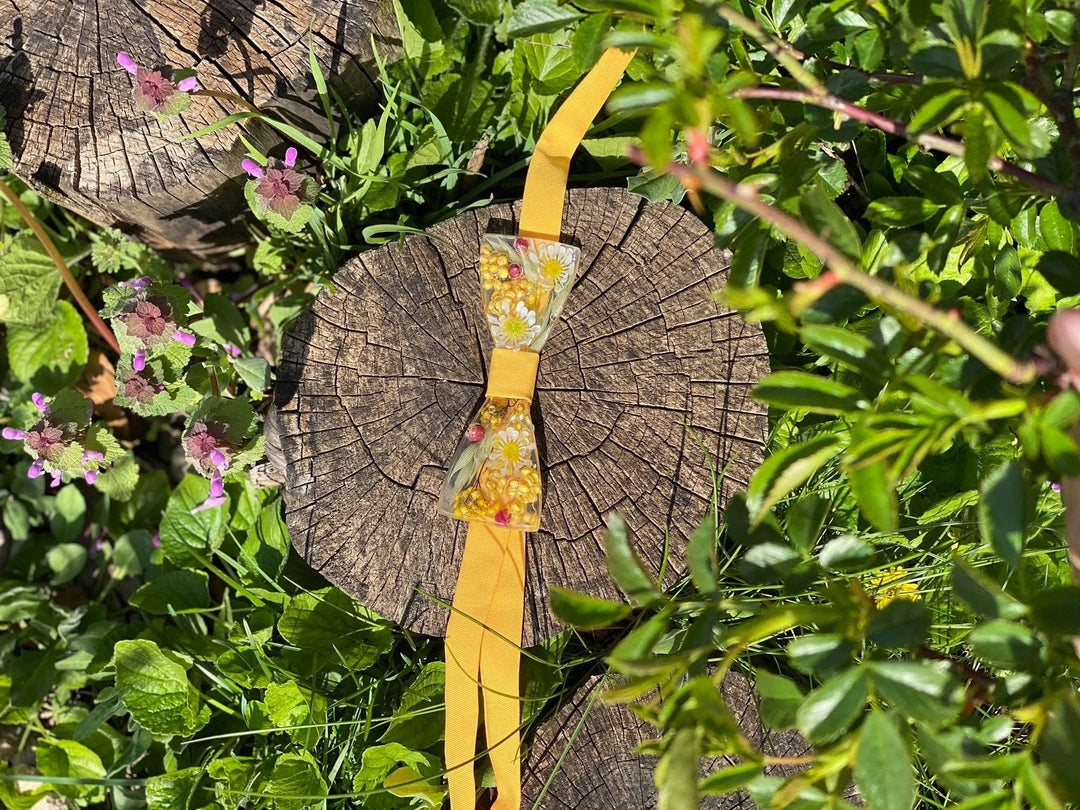 Yellow Resin Bow Tie: Flower Meadow Groom Accessory – handmade floral hair accessory by magaela