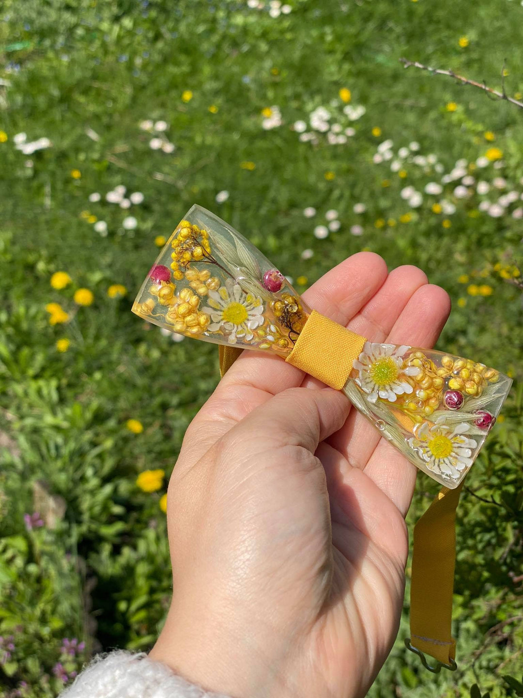 Yellow Resin Bow Tie: Flower Meadow Groom Accessory – handmade floral hair accessory by magaela