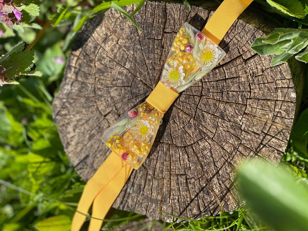 Yellow Resin Bow Tie: Flower Meadow Groom Accessory – handmade floral hair accessory by magaela