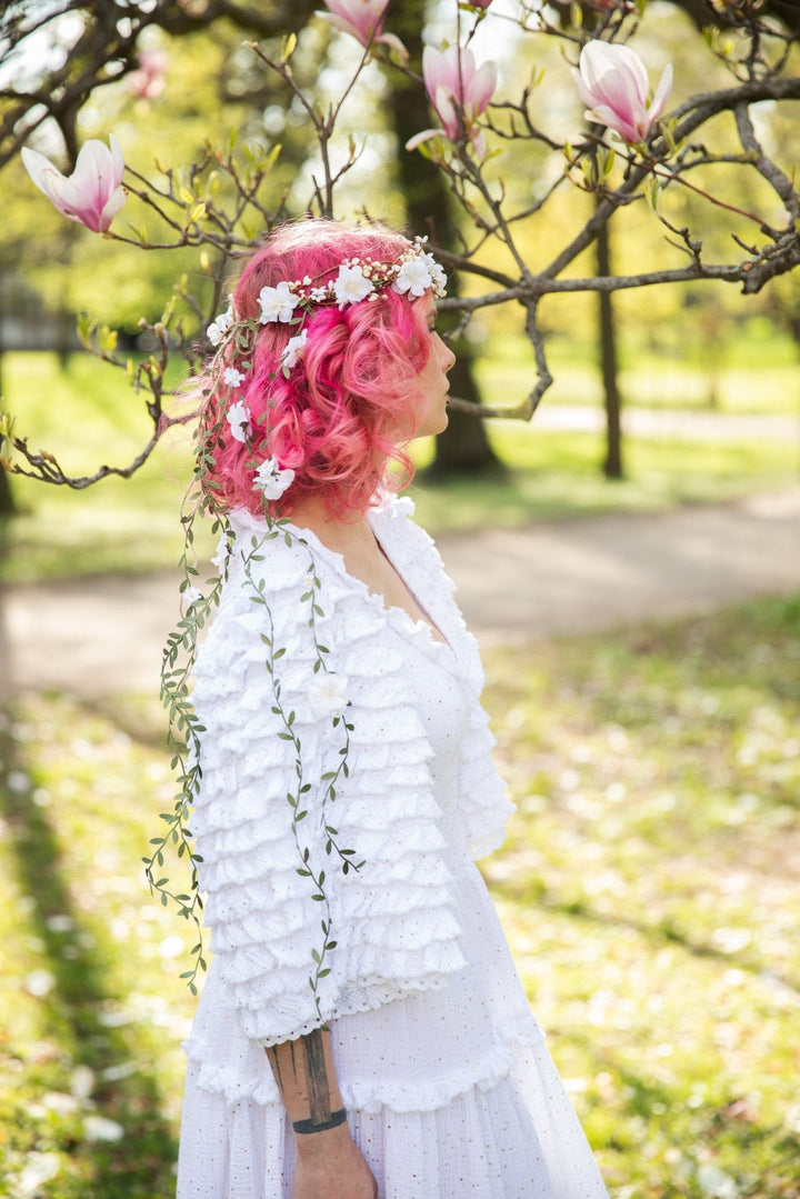 White Flower Bridal Hair Wreath: Romantic Vine Crown – handmade floral hair accessory by magaela