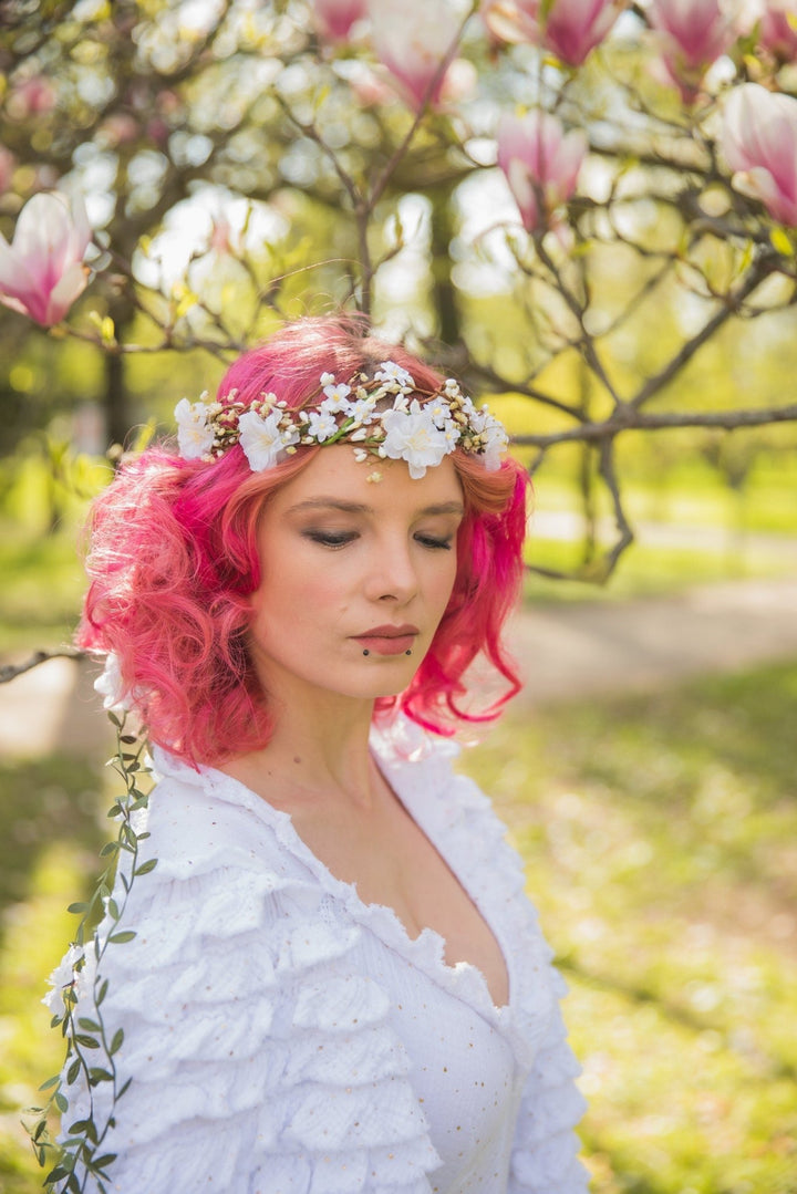 White Flower Bridal Hair Wreath: Romantic Vine Crown – handmade floral hair accessory by magaela