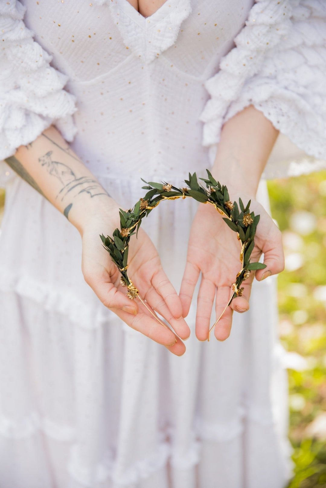 Eucalyptus Wedding Headband: Preserved Greenery, Gold Accents – handmade floral hair accessory by magaela