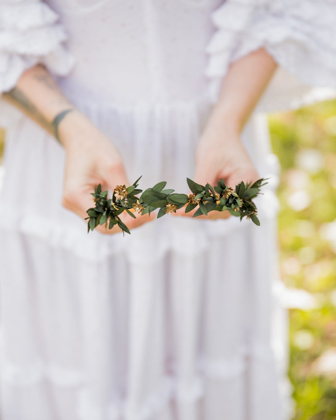 Eucalyptus Wedding Headband: Preserved Greenery, Gold Accents – handmade floral hair accessory by magaela