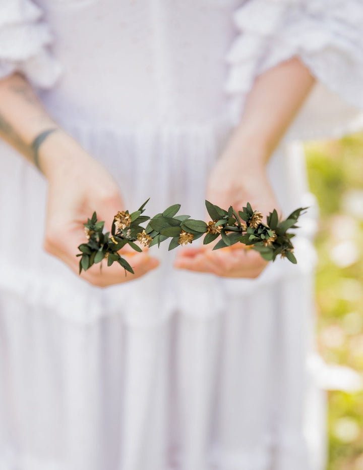 Eucalyptus Wedding Headband: Preserved Greenery, Gold Accents – handmade floral hair accessory by magaela