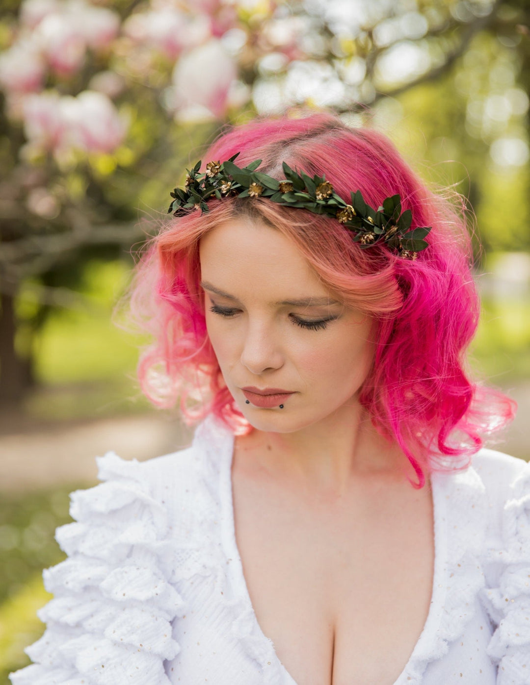 Eucalyptus Wedding Headband: Preserved Greenery, Gold Accents – handmade floral hair accessory by magaela