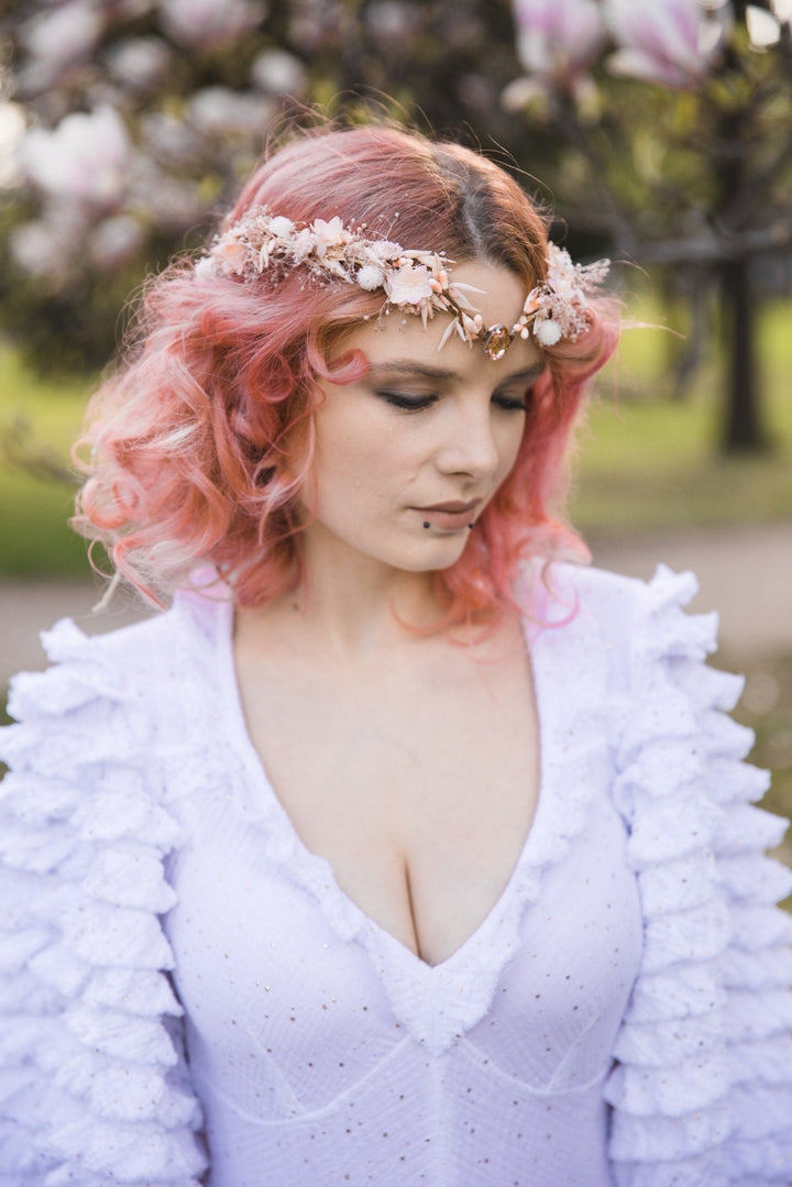 Peach Flower Elf Tiara: Bridal Elven Hair Crown – handmade floral hair accessory by magaela