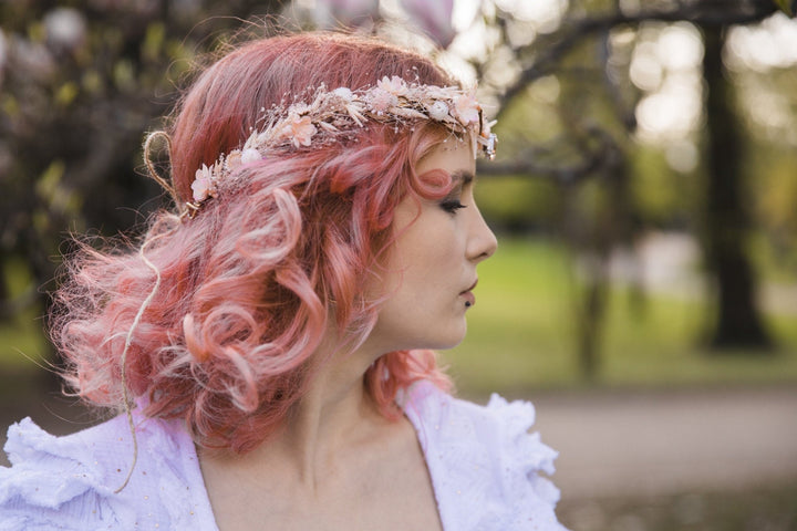 Peach Flower Elf Tiara: Bridal Elven Hair Crown – handmade floral hair accessory by magaela