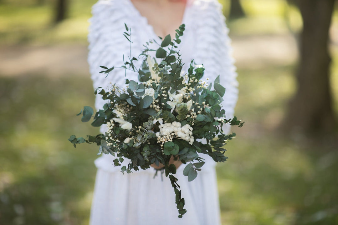 Eucalyptus Bridal Bouquet: White & Green Preserved Flower Wedding – handmade floral hair accessory by magaela
