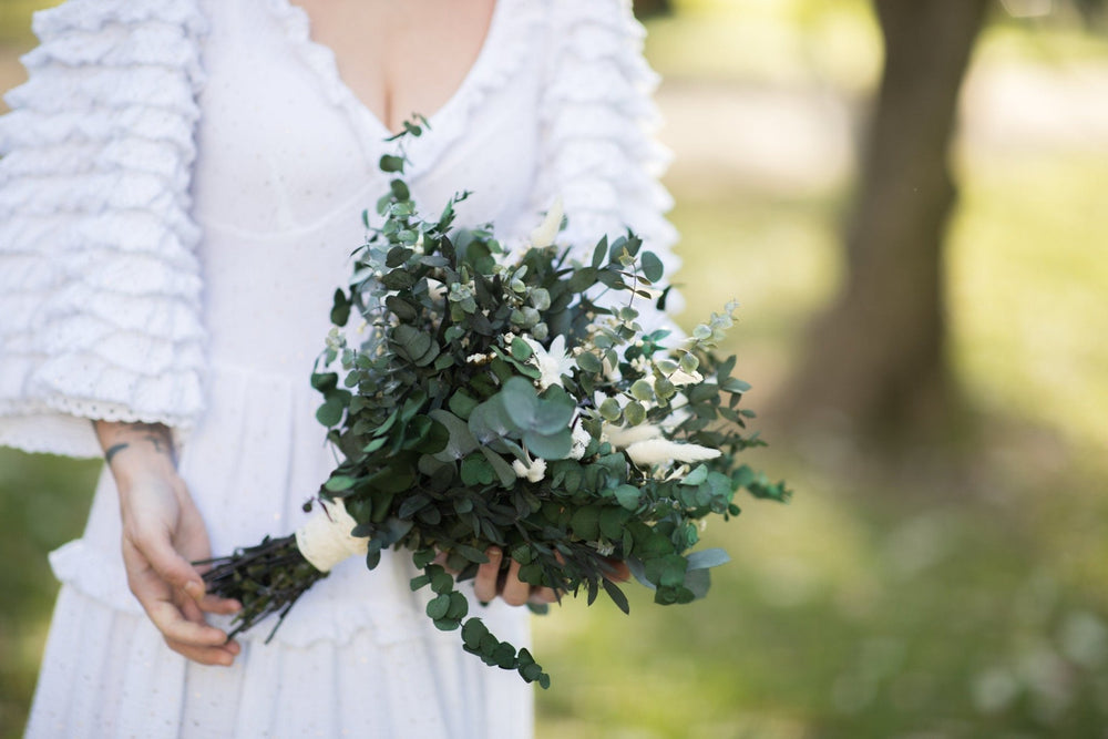 Eucalyptus Bridal Bouquet: White & Green Preserved Flower Wedding – handmade floral hair accessory by magaela