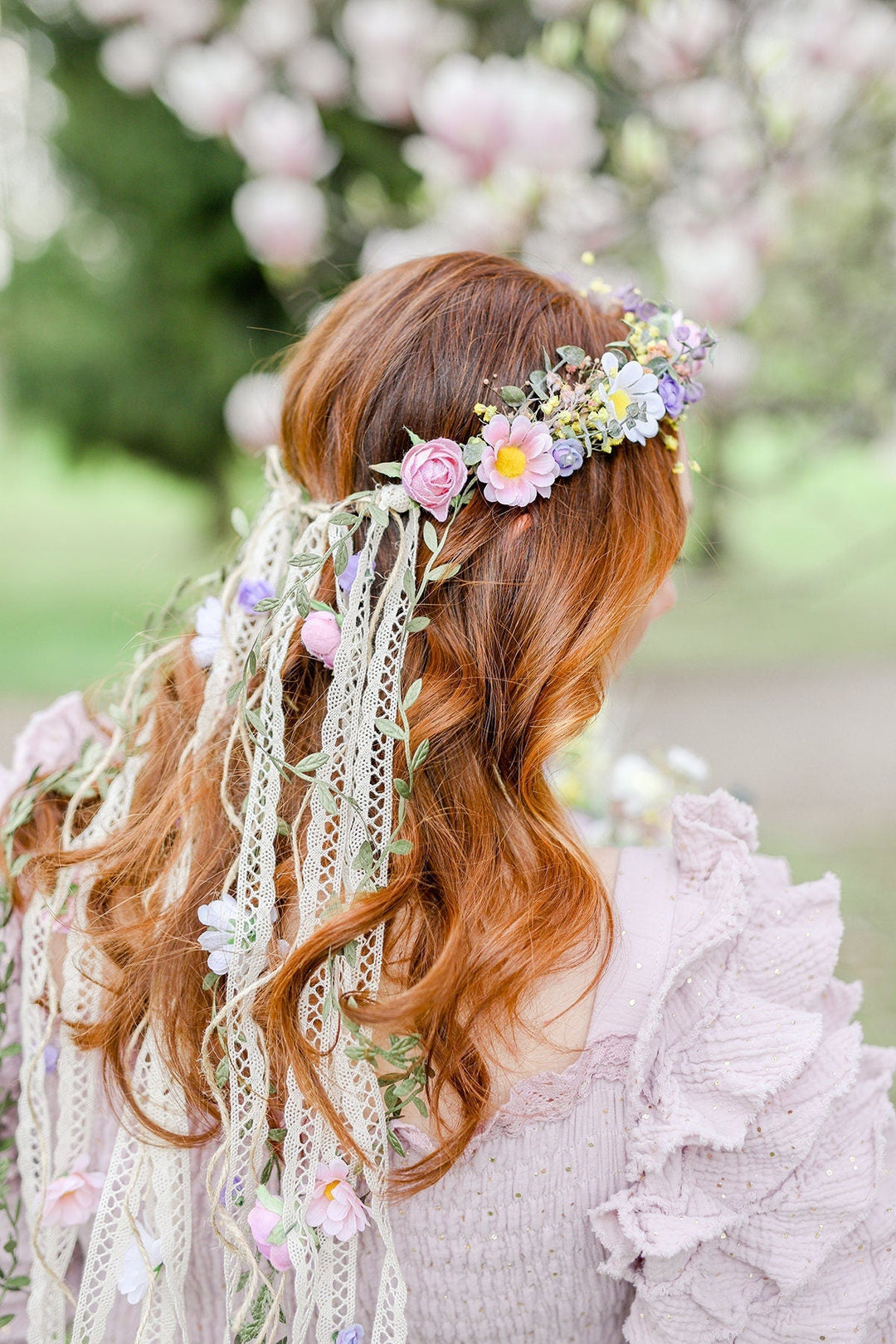 Boho Flower Crown with Veil: Pastel Wildflower Bridal Headpiece – handmade floral hair accessory by magaela