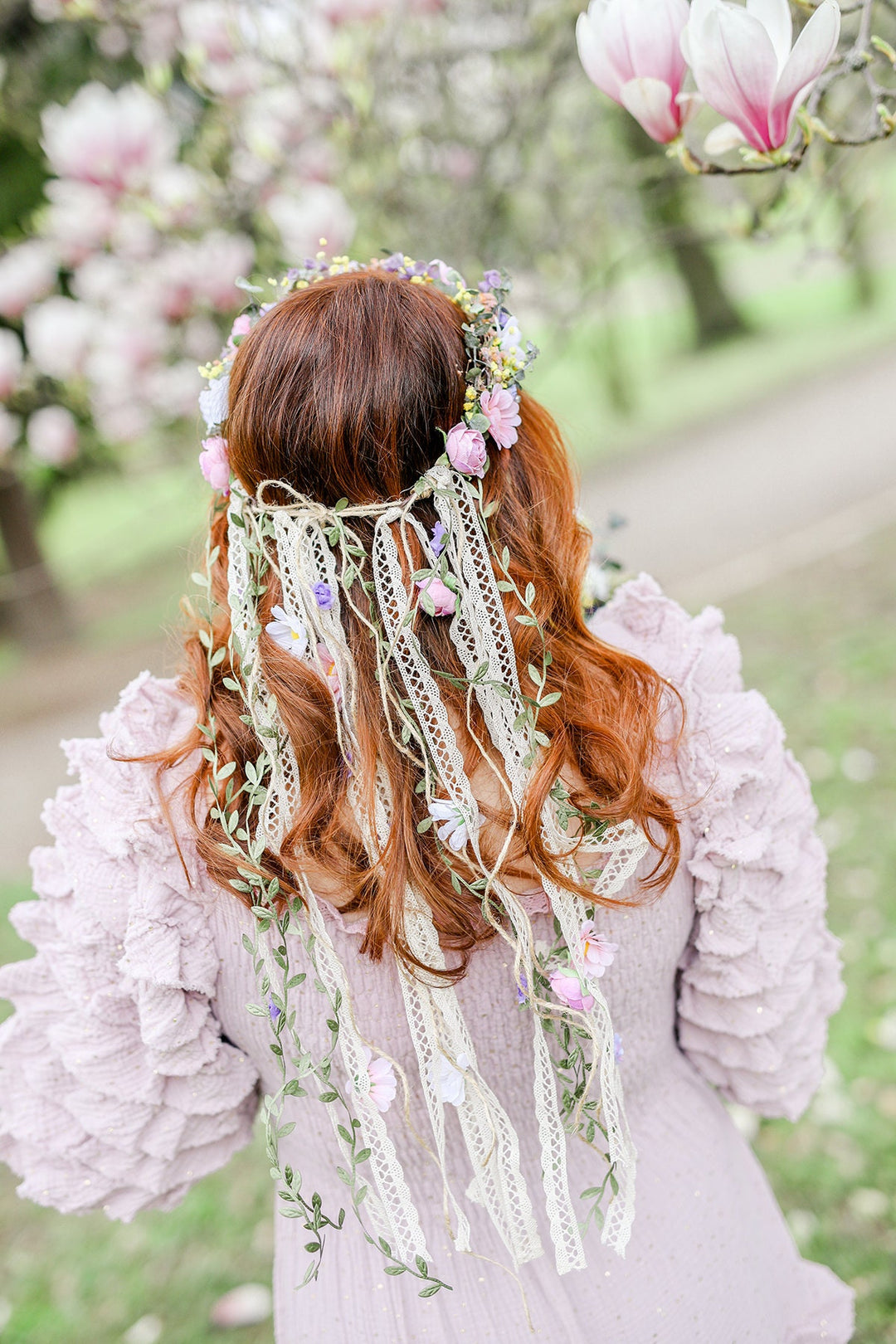 Boho Flower Crown with Veil: Pastel Wildflower Bridal Headpiece – handmade floral hair accessory by magaela