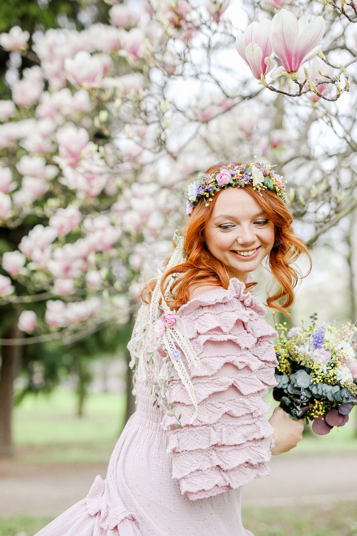 Boho Flower Crown with Veil: Pastel Wildflower Bridal Headpiece – handmade floral hair accessory by magaela