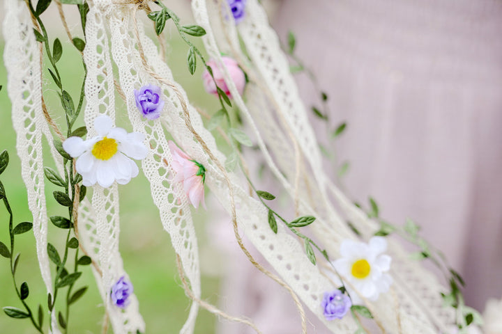 Boho Flower Crown with Veil: Pastel Wildflower Bridal Headpiece – handmade floral hair accessory by magaela