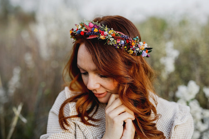 Colorful Preserved Flower Crown: Bridal Meadow Headpiece – handmade floral hair accessory by magaela