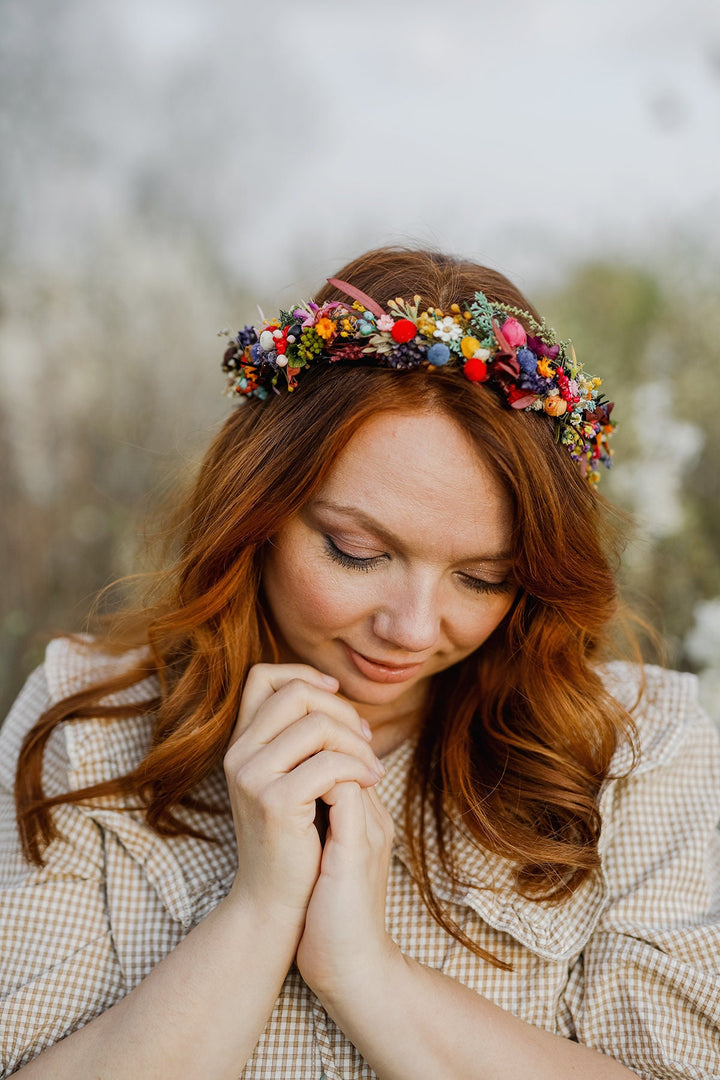 Colorful Preserved Flower Crown: Bridal Meadow Headpiece – handmade floral hair accessory by magaela