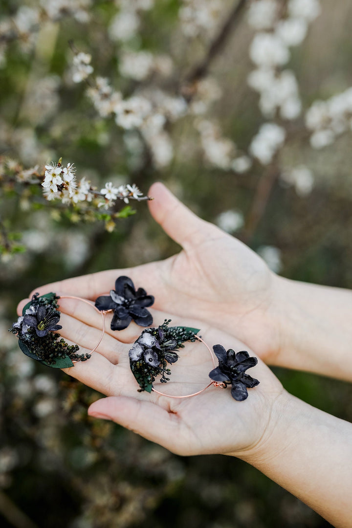 Black Flower Circle Earrings: Rose Gold Hoop Dangle Jewelry – handmade floral hair accessory by magaela