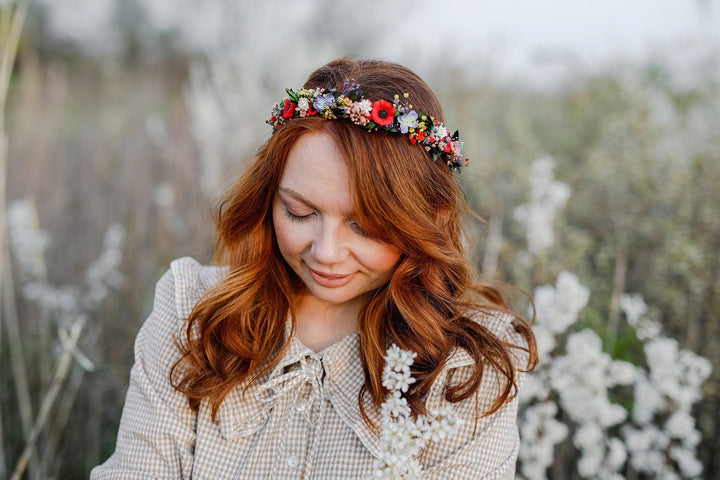 Poppy Flower Wedding Crown: Colorful Meadow Bridal Half Wreath – handmade floral hair accessory by magaela