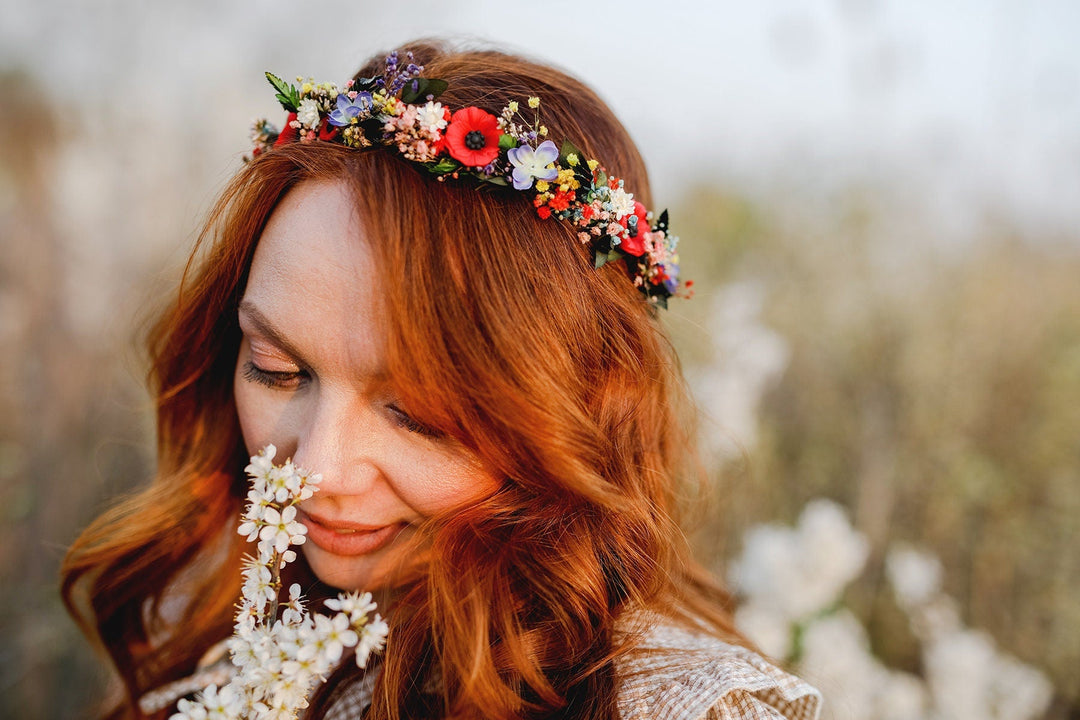 Poppy Flower Wedding Crown: Colorful Meadow Bridal Half Wreath – handmade floral hair accessory by magaela
