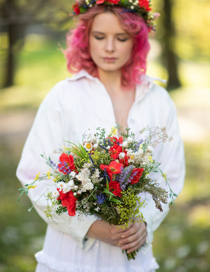 Poppy Wedding Bouquet: Handmade Folk Bridal Wildflower Accessory – handmade floral hair accessory by magaela