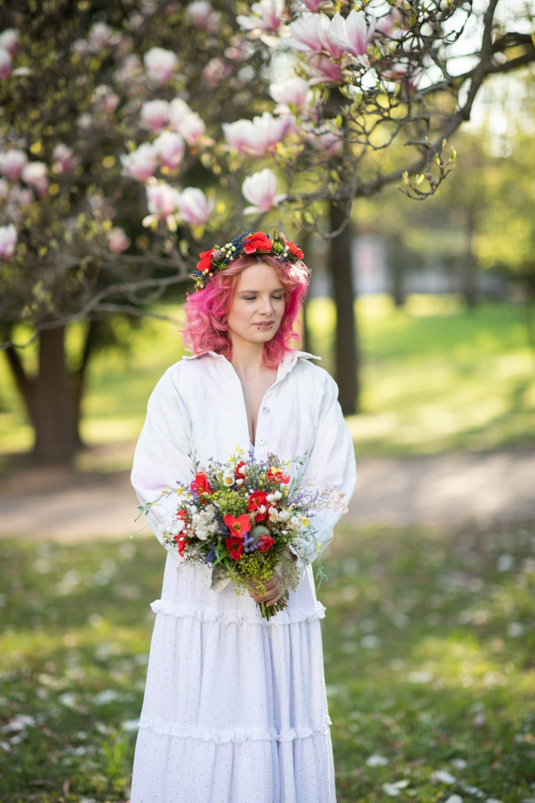 Poppy Wedding Bouquet: Handmade Folk Bridal Wildflower Accessory – handmade floral hair accessory by magaela