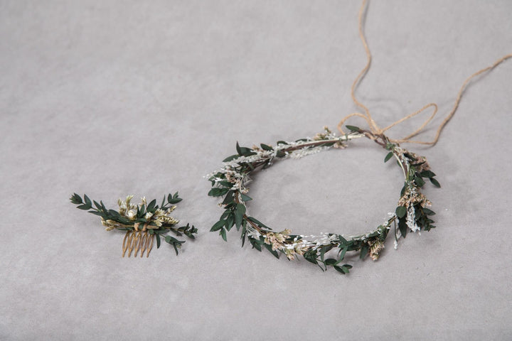 Greenery Wedding Crown: Preserved Eucalyptus Flower Headpiece – handmade floral hair accessory by magaela
