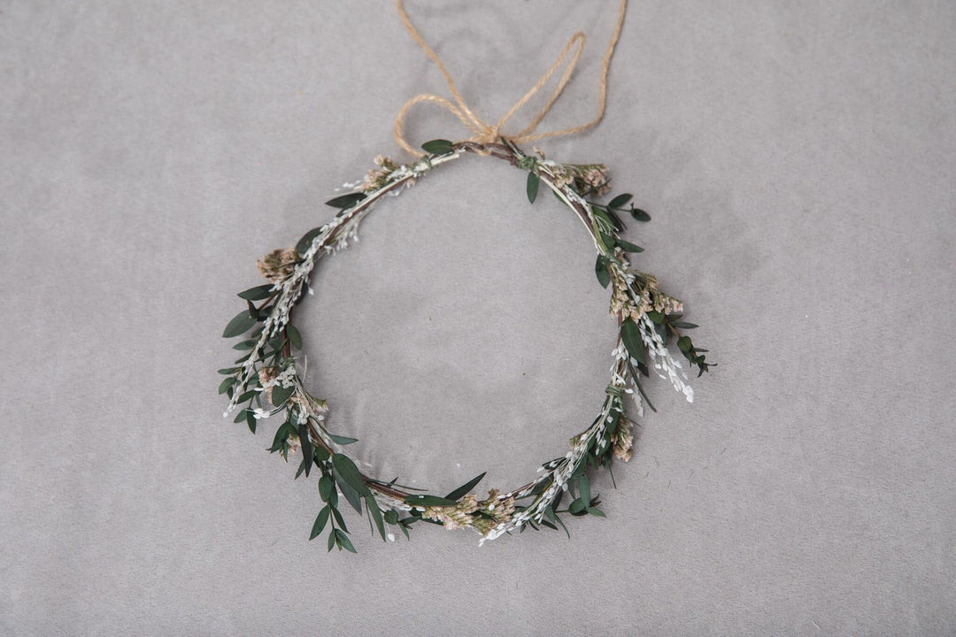 Greenery Wedding Crown: Preserved Eucalyptus Flower Headpiece – handmade floral hair accessory by magaela