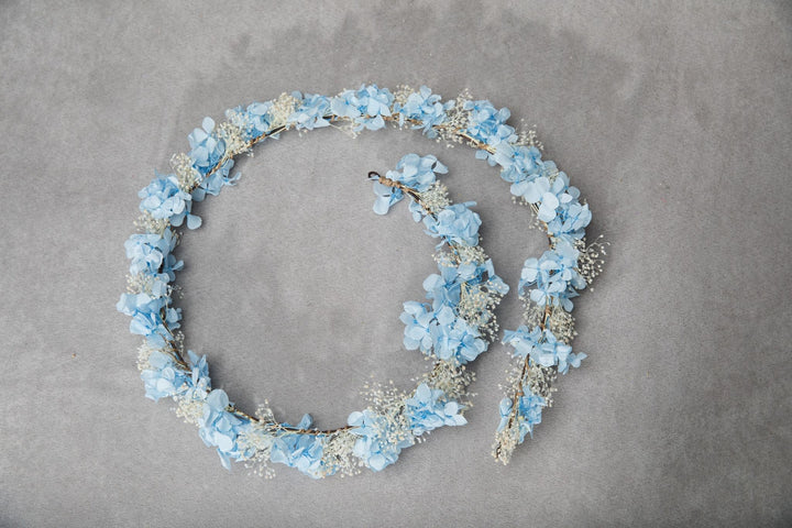 Preserved Hydrangea Baby's Breath Hair Garland: Blue Ivory Bridal Headpiece – handmade floral hair accessory by magaela