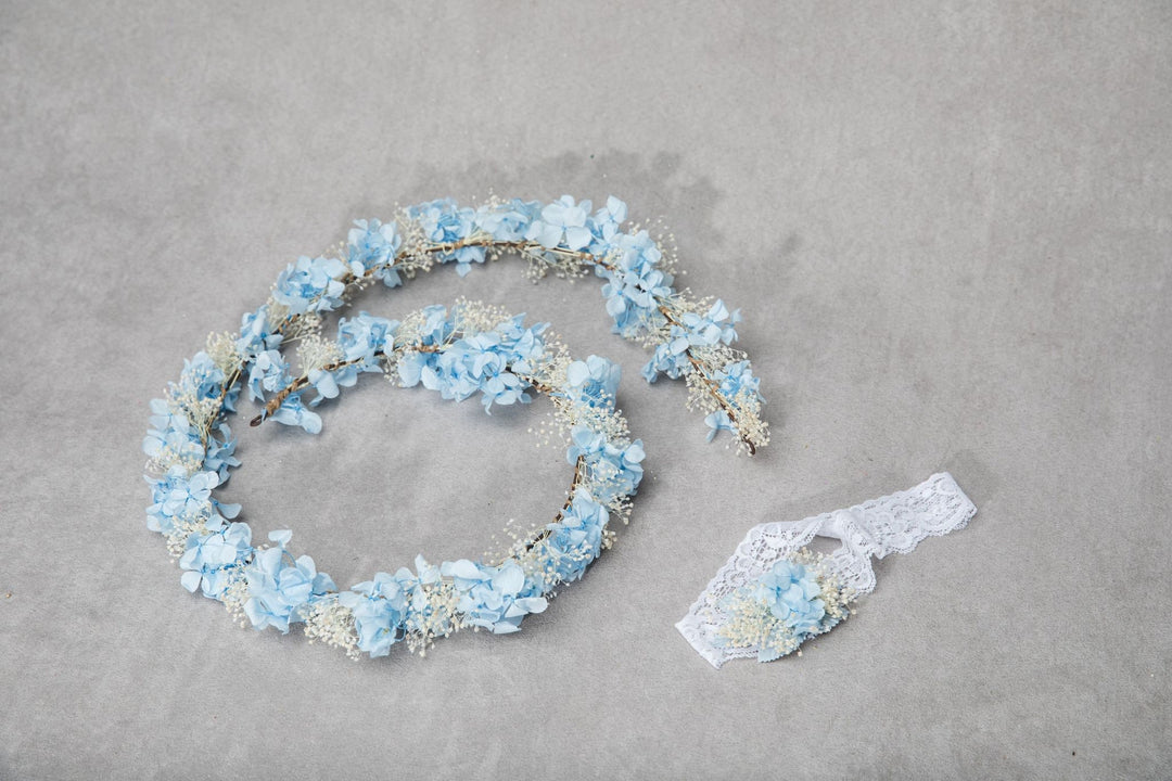Preserved Hydrangea Baby's Breath Hair Garland: Blue Ivory Bridal Headpiece – handmade floral hair accessory by magaela