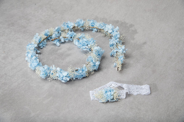 Preserved Hydrangea Baby's Breath Hair Garland: Blue Ivory Bridal Headpiece – handmade floral hair accessory by magaela