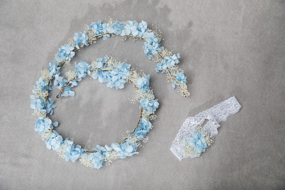 Preserved Hydrangea Baby's Breath Hair Garland: Blue Ivory Bridal Headpiece – handmade floral hair accessory by magaela