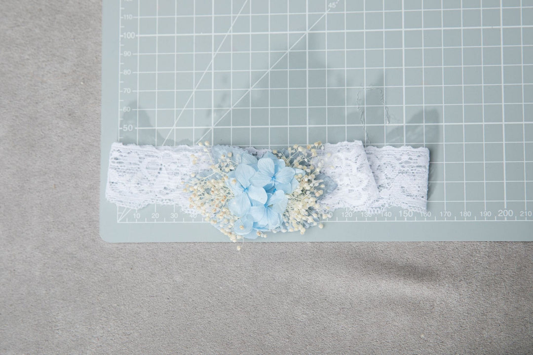 Bridal Garter: Preserved Hydrangea & Gypsophila, Baby Blue Lace – handmade floral hair accessory by magaela
