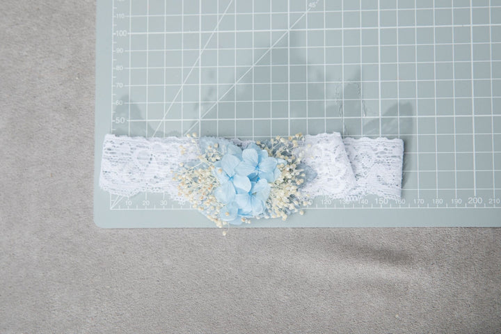 Bridal Garter: Preserved Hydrangea & Gypsophila, Baby Blue Lace – handmade floral hair accessory by magaela
