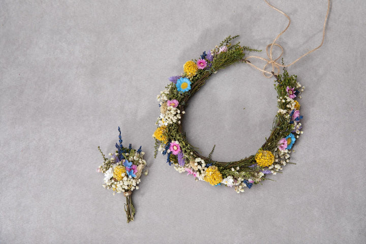 Wildflower Wedding Set: Flower Crown and Boutonniere – handmade floral hair accessory by magaela