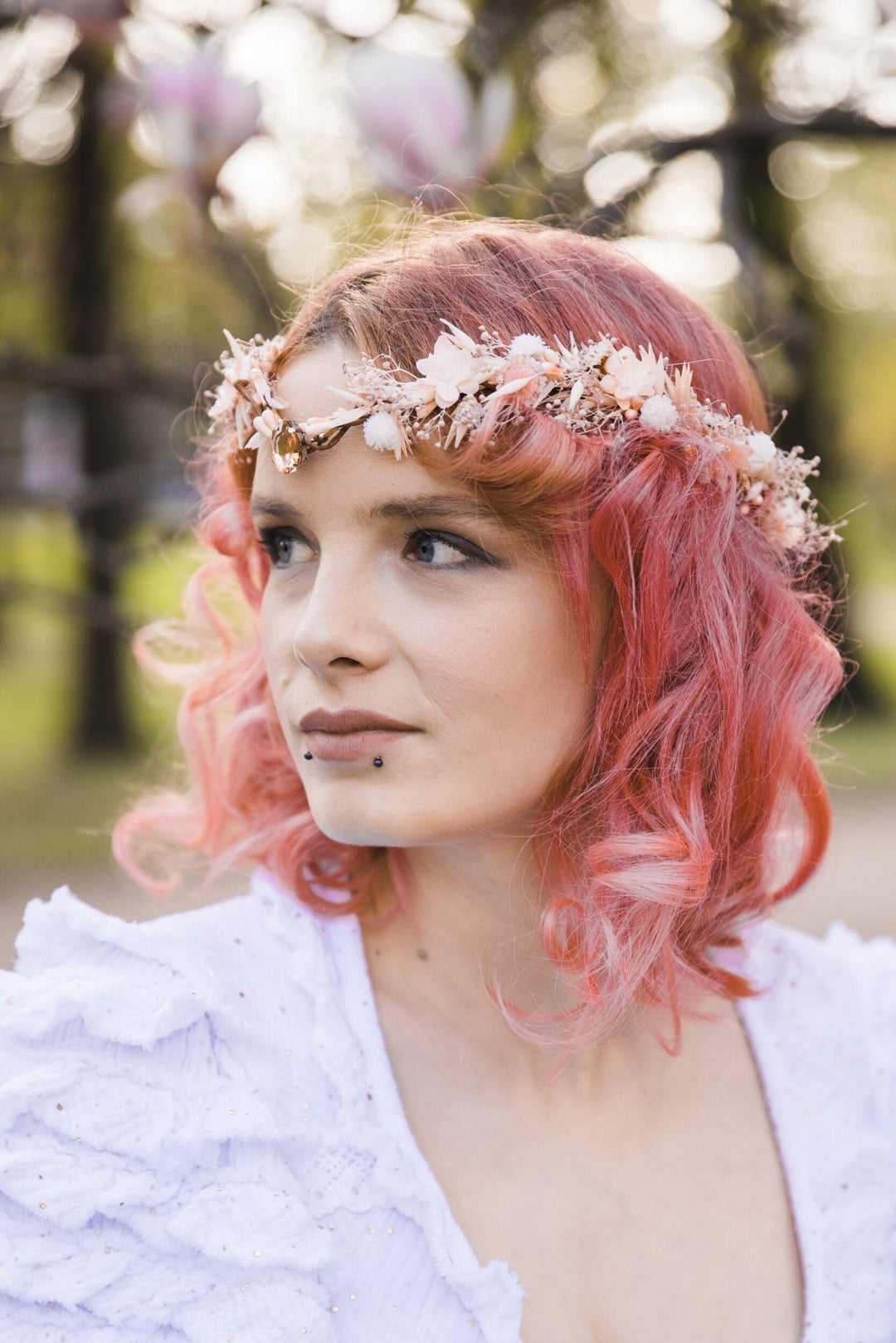 Peach Flower Elf Tiara: Bridal Elven Hair Crown – handmade floral hair accessory by magaela
