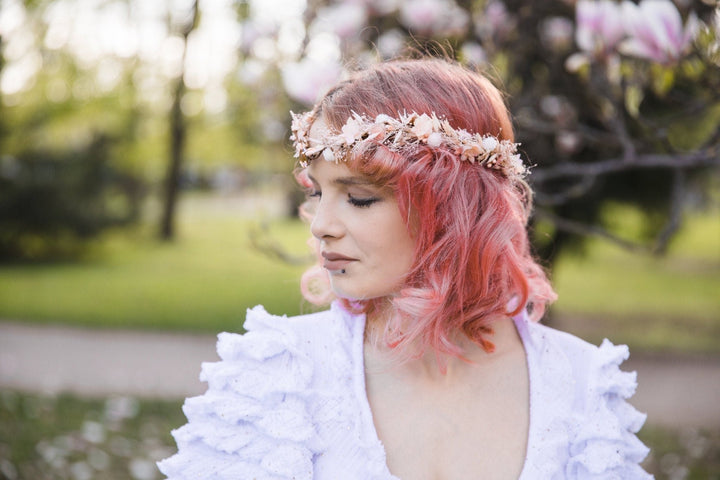 Peach Flower Elf Tiara: Bridal Elven Hair Crown – handmade floral hair accessory by magaela