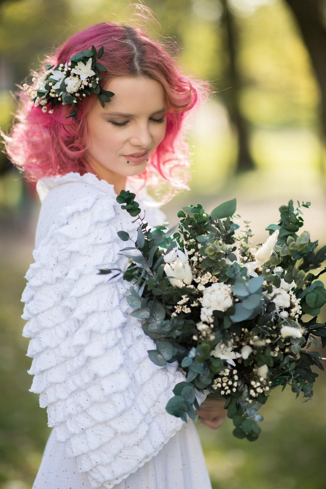 Eucalyptus Bridal Bouquet: White & Green Preserved Flower Wedding – handmade floral hair accessory by magaela
