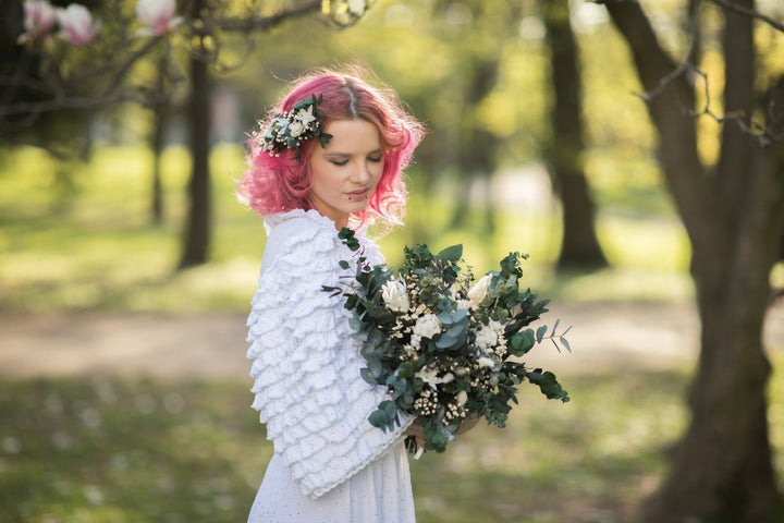 Eucalyptus Bridal Bouquet: White & Green Preserved Flower Wedding – handmade floral hair accessory by magaela