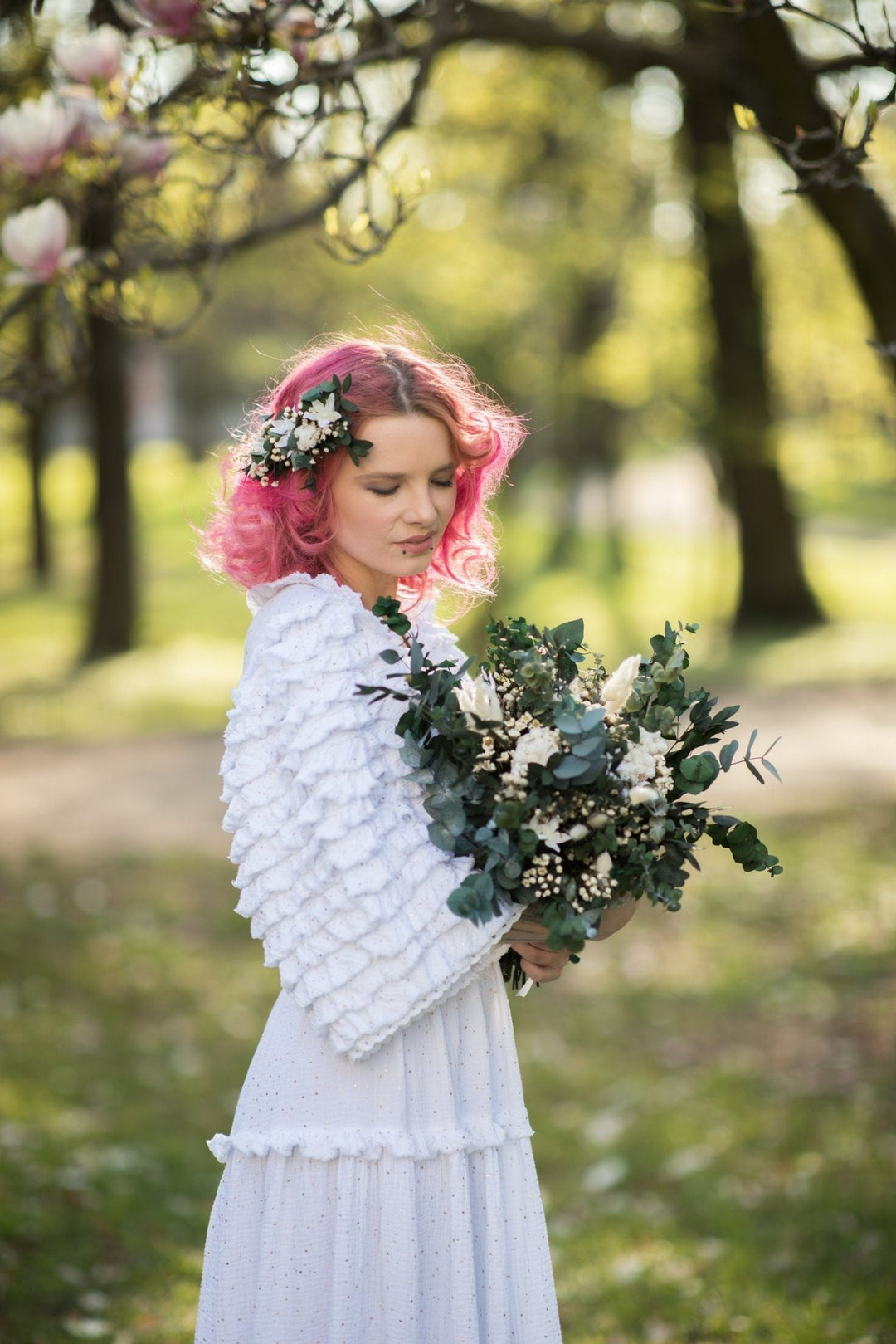 Eucalyptus Bridal Bouquet: White & Green Preserved Flower Wedding – handmade floral hair accessory by magaela